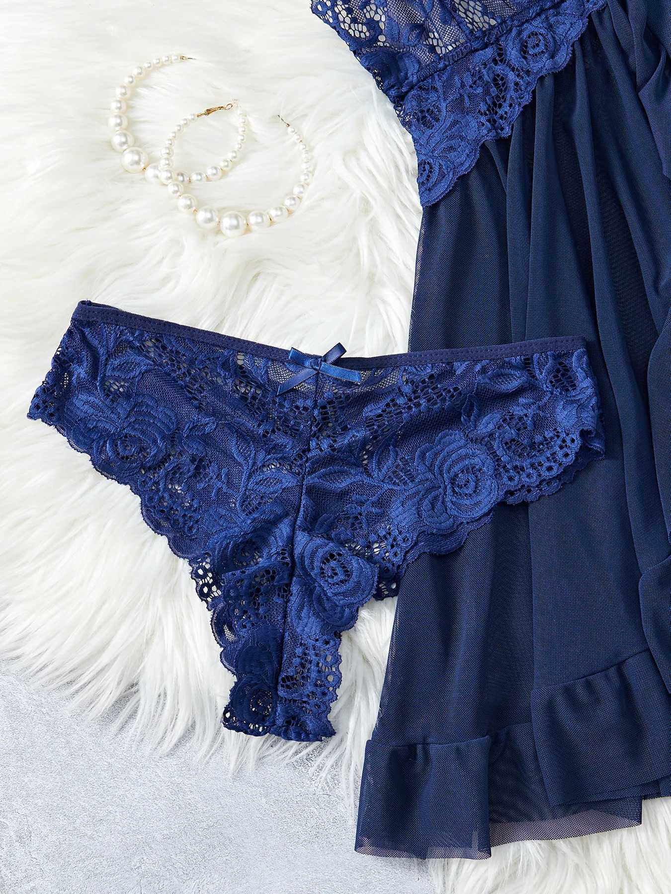 Erotic Blue Strap Nightgown thong set lingerie transparent lace womens mini deep V-dress tight fitting sexy lingerie sex clothing W250103