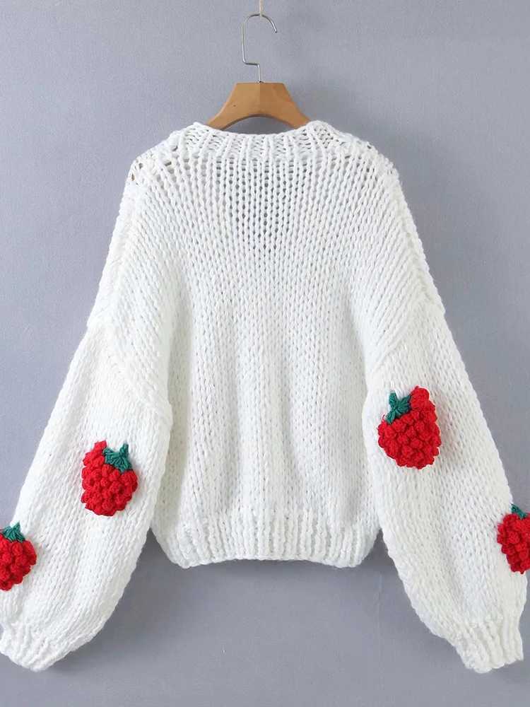 Lamb Sweet Strawberry Knitted Sweater Womens V-neck Puff Sleeve Single Chest Unique Sweater 2025 Spring New Style 2Z2352 M250102