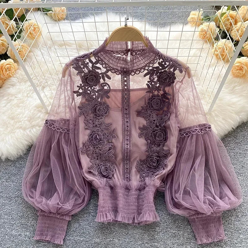 Lace fluffy long sleeved shirt retro fashion shirt elegant womens shirt Korean womens top womens shirt clothing direct 250102
