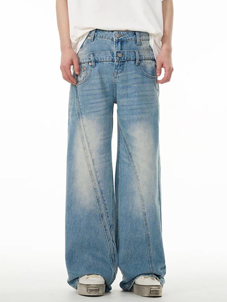 DEAT Fashion Women's Deconstruct Jeans Double Waistband Pockets Spliced Or Straight Denim Pants Spring 2025 New Tide 7Ab6968