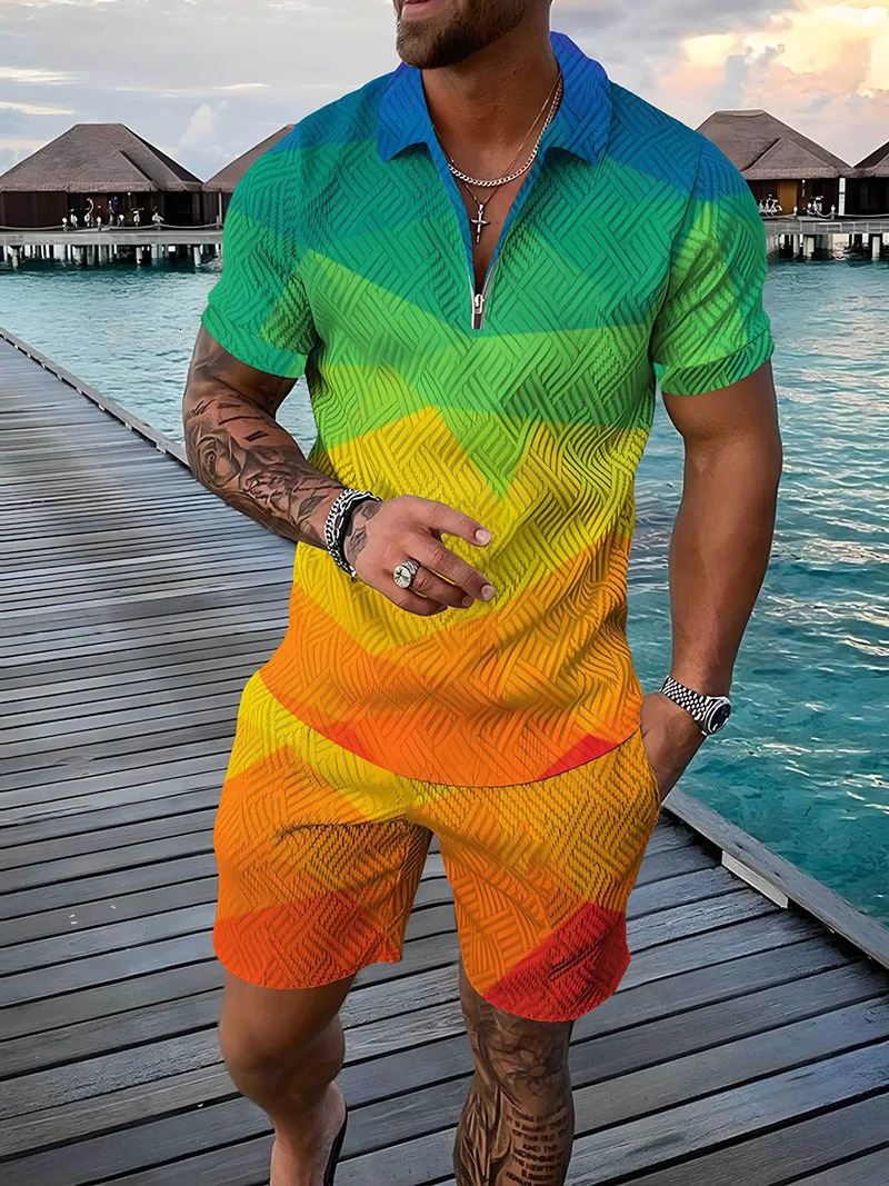 Summer Fashion Mens Sweatsuit set Colored Patches 3D Print Casual Zipper Polo Shirt Shorts 2pcs Sets Oversized Tracksuit Sets 250102