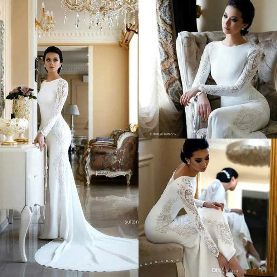 O Neck Lace Sheath Bohemia Dresses Long Sleeves Satin Applique Plus Size Modest Arabic Wedding Bridal Gowns Bc2685