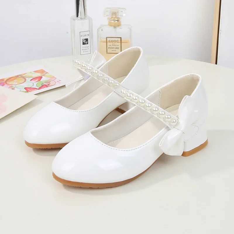 Childrens shoes pearl white girl leather shoes white bow spring and autumn childrens high heels princess performance shoes M250103