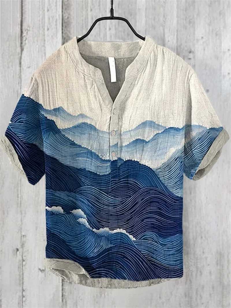 Spring and summer linen blend shirt stand alone casual cat print Hawaiian style printed shirt W250103