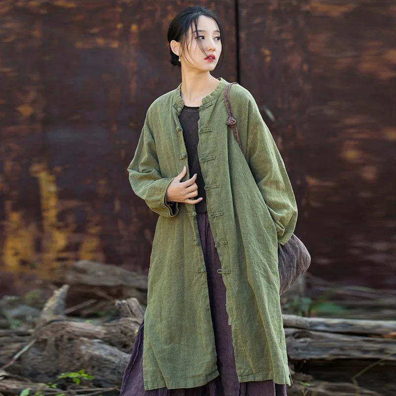 Johnature Women Vintage Ramie Trench Stand Long Sleeve Solid Color Button Autumn Coats 2024 Loose Chinese Style Women Trench 241224