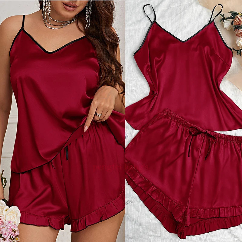 Lady Summer Chemise Pajamas Suit Night Outfit Big Size 4XL 5XL Sexy Women Satin Nightwear Sleepwear Cami shorts 2Pcs Pyjamas 250103