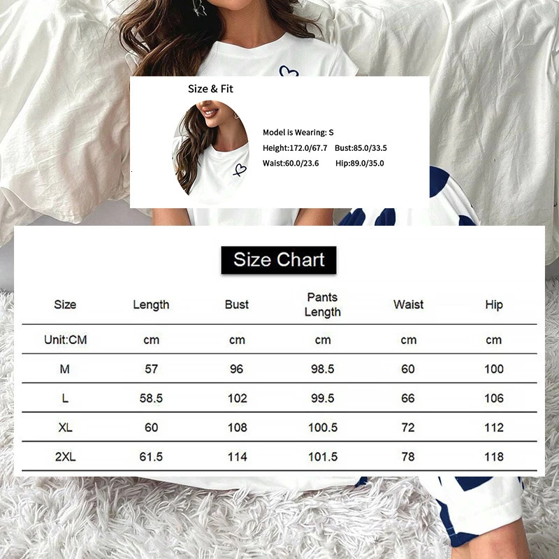 Heart Letter Printed Womens Pajama Pj Set Soft Short Sleeve Tops Elastic Waist Pants Pyjama Pijama Femme Casual Home Clothes 250103
