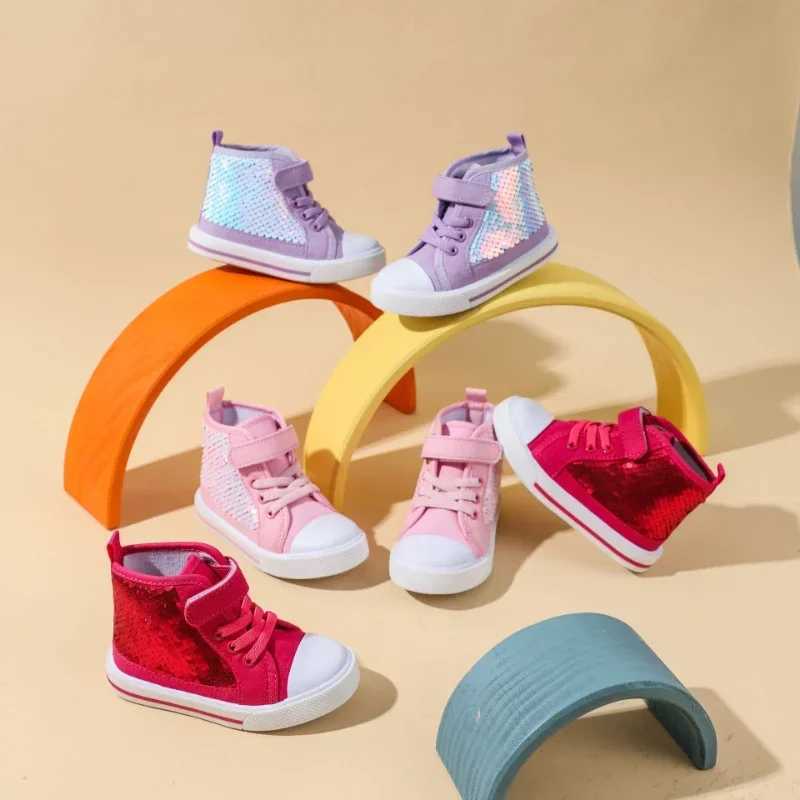 Autumn New GirlsShoes High Top Child Sneakers Trendy Sequins Canvas Shoe for Child Brand Comfortable Flat Sneakers Girl Tenis M250103