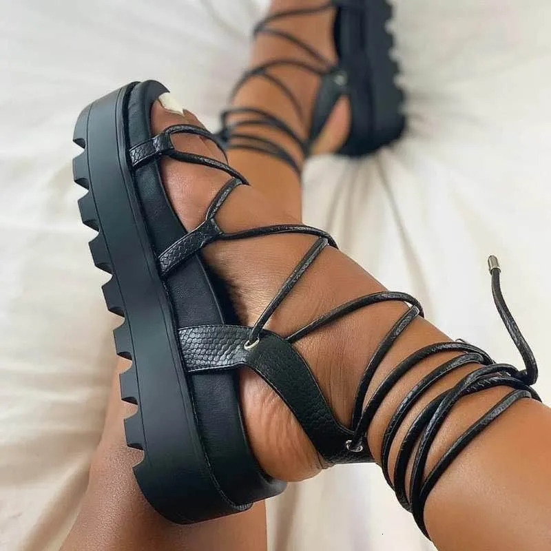 Fashion Woman Gladiator Sandals Ladies Wedge Shoes Female Lace Up Platform Women Cross Straps Boots Thick Bottom 250102
