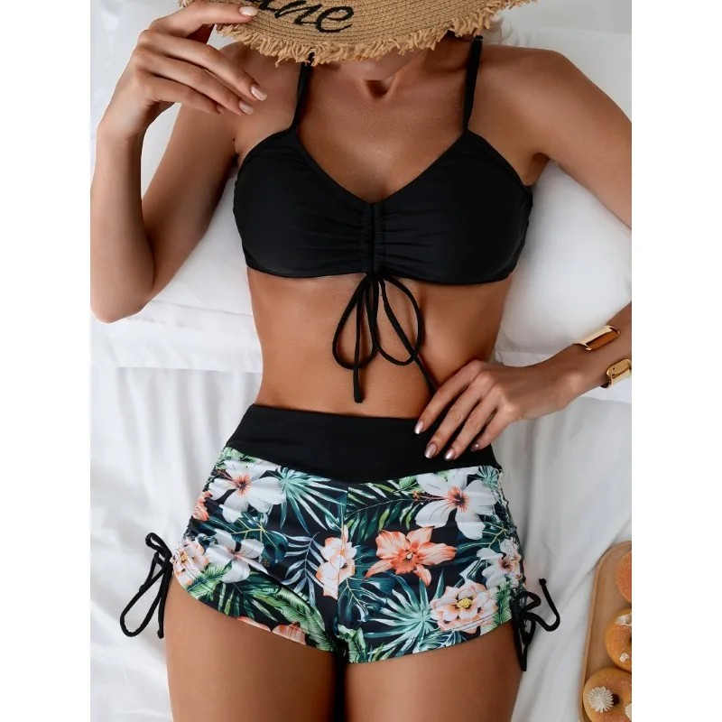 2025 High Waist Bikini Set Women Swimwear Adjustable Strap Vest Bra Girl Tropical Print Shorts Brazilian Bikinis Swimsuit Lady Bathing Suit Drawstring
