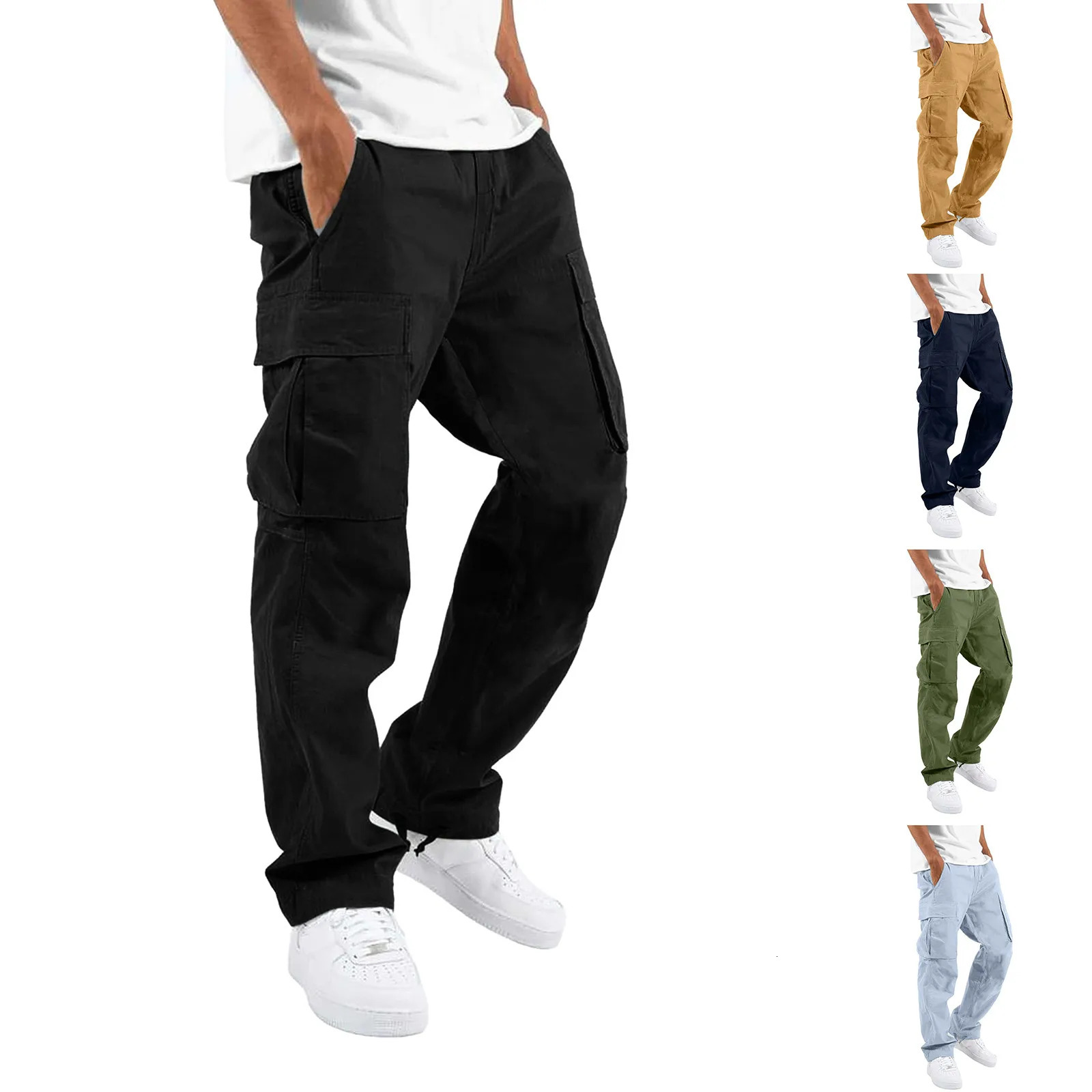 Plus Size Men Cargo Pants Pockets Casual Male High Elastic Waist Pocket Wide Leg Trousers Oversized S-5XL# 250102