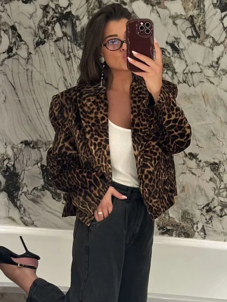 TRAF Autumn Women Leopard Print Velvet Blazer Skirt Suit Fashion Notched Pockets Cropped Jackets Side Zipper Mini Skirt250102