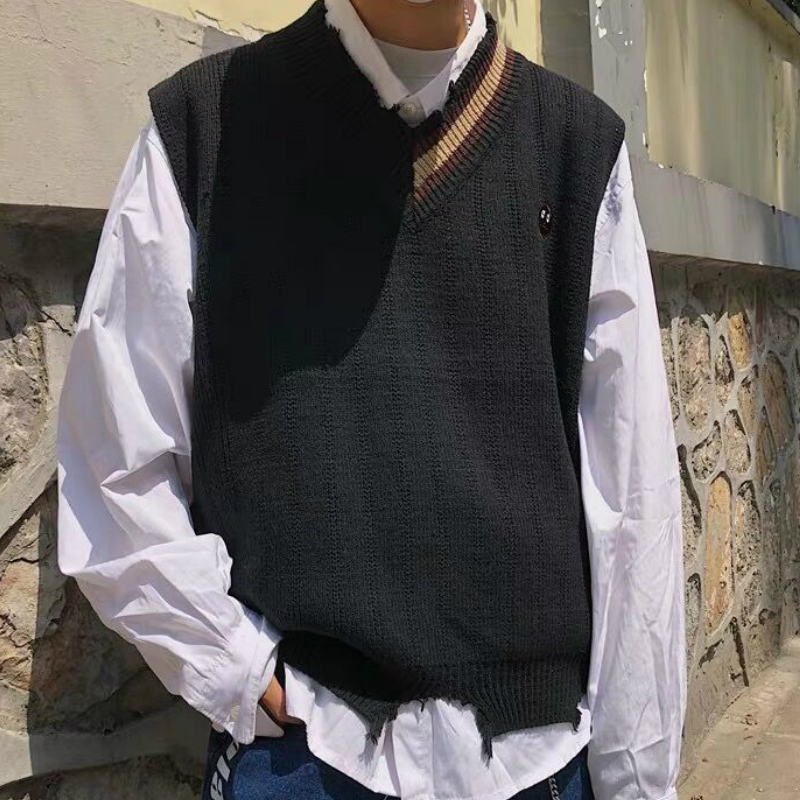 Sweater Vest Men Patchwork V-neck Colorful Shrug Chic Sleeveless Knitted Tops Mens Waistcoats Loose Oversize Harajuku All-match