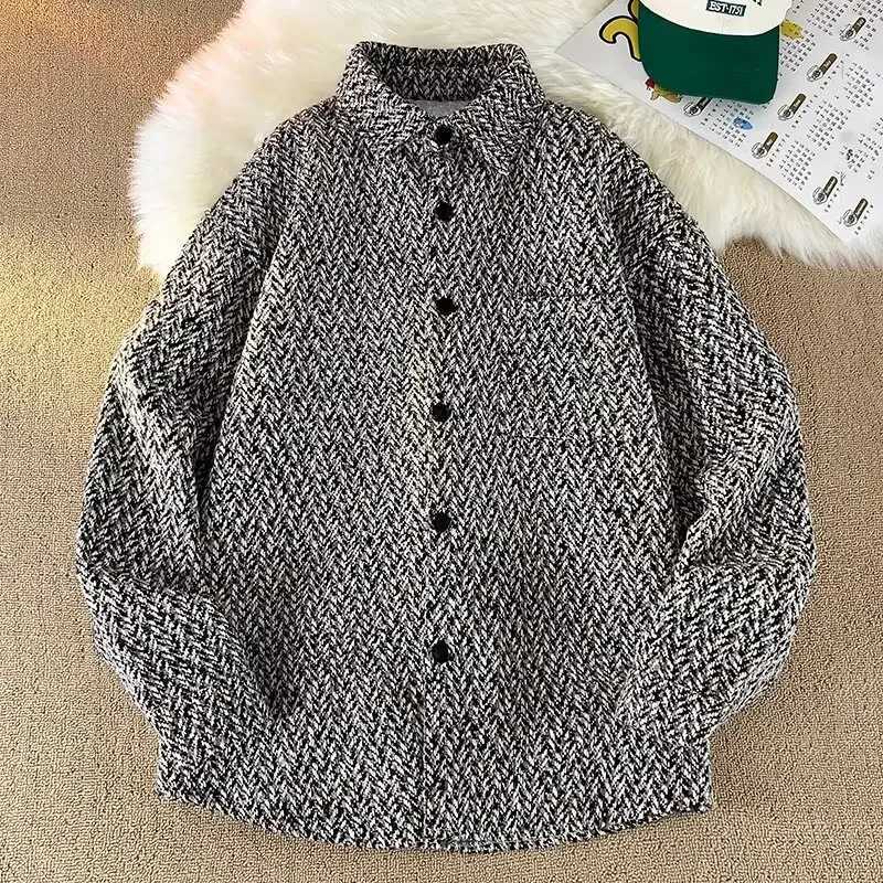 Autumn Vintagetweek Style Checkered Shirt Mens Korean Fashion Loose Fit Knitted Casual Collar Top W250103