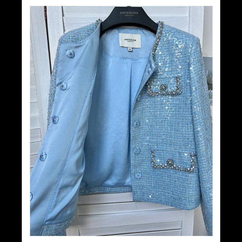 Women French Small Fragrance Blue Sequined Round Neck Studded Lace High Quality Party Elegant Lady Tweed Coat
