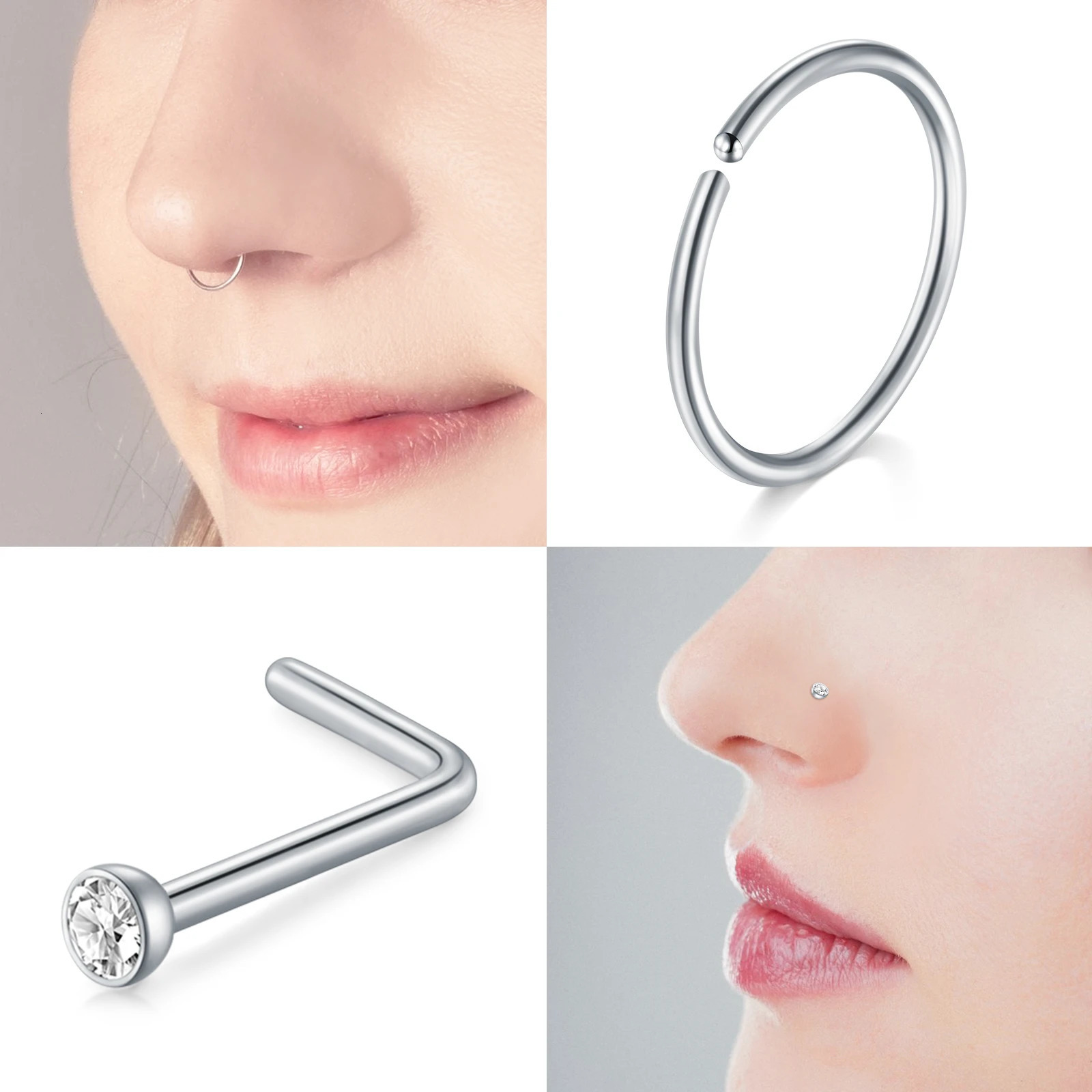28Pcs/Set 20g Stainless Steel Nose Rings Hoop L Shape Nose Studs Nose Screw Bone Rainbow Pack For Women Men 250103