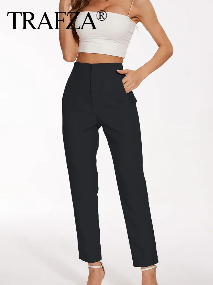 TRAFZA Woman Solid Trouser High Waist Slim Zipper Fly Long Pants Female Wild Commute Office Lady Pencil Pant Street 250102