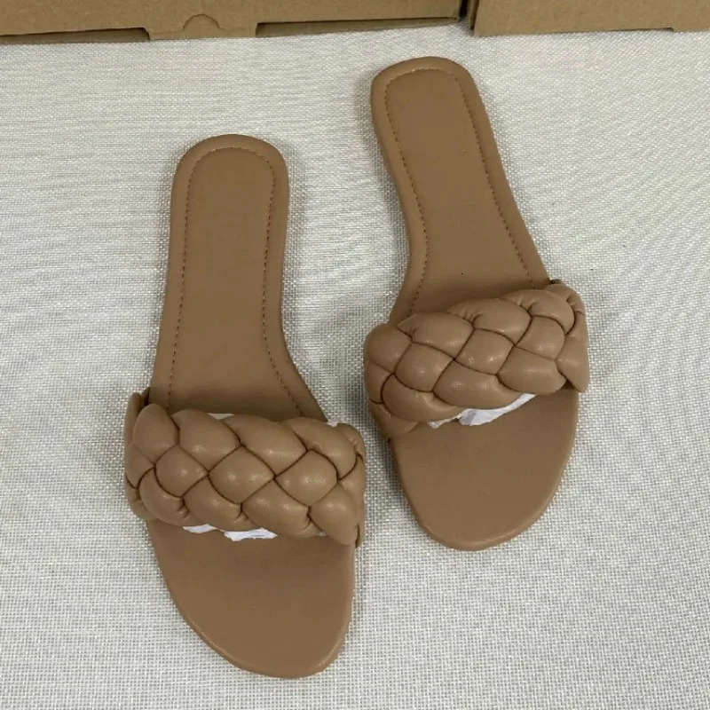 Fashion Open Toe Women Sandals Casual Summer Leather Shoes Woman Slipon Ladies Slides Beach Solid Weave Modern Flat Sandal 250220