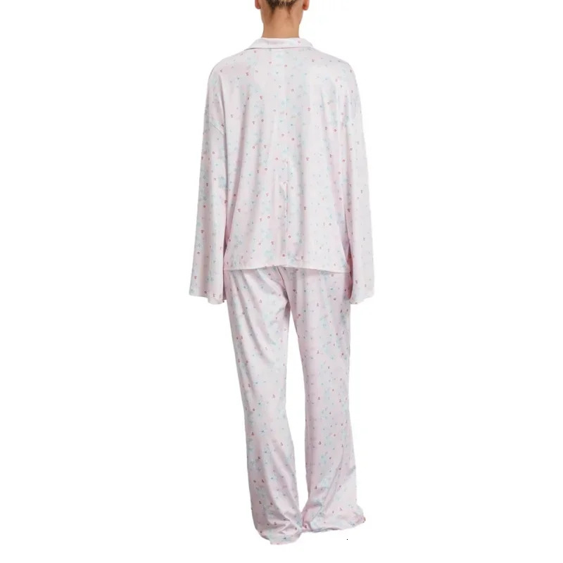 Women Autumn Two Pieces Pamas Set Long Sleeve Pants Cardigan V-neck Thin Loose Homewear With Cartoon Cute Painting