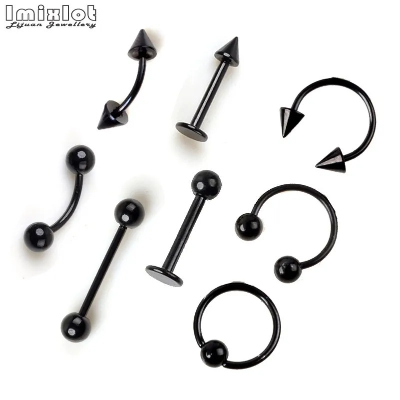 50/95Pcs Black Stainless Steel Eyebrow Navel Belly Lip Labret Tongue Nose Ring Ear Tragus Piercing Barbell Tunnel Body Jewely 250103