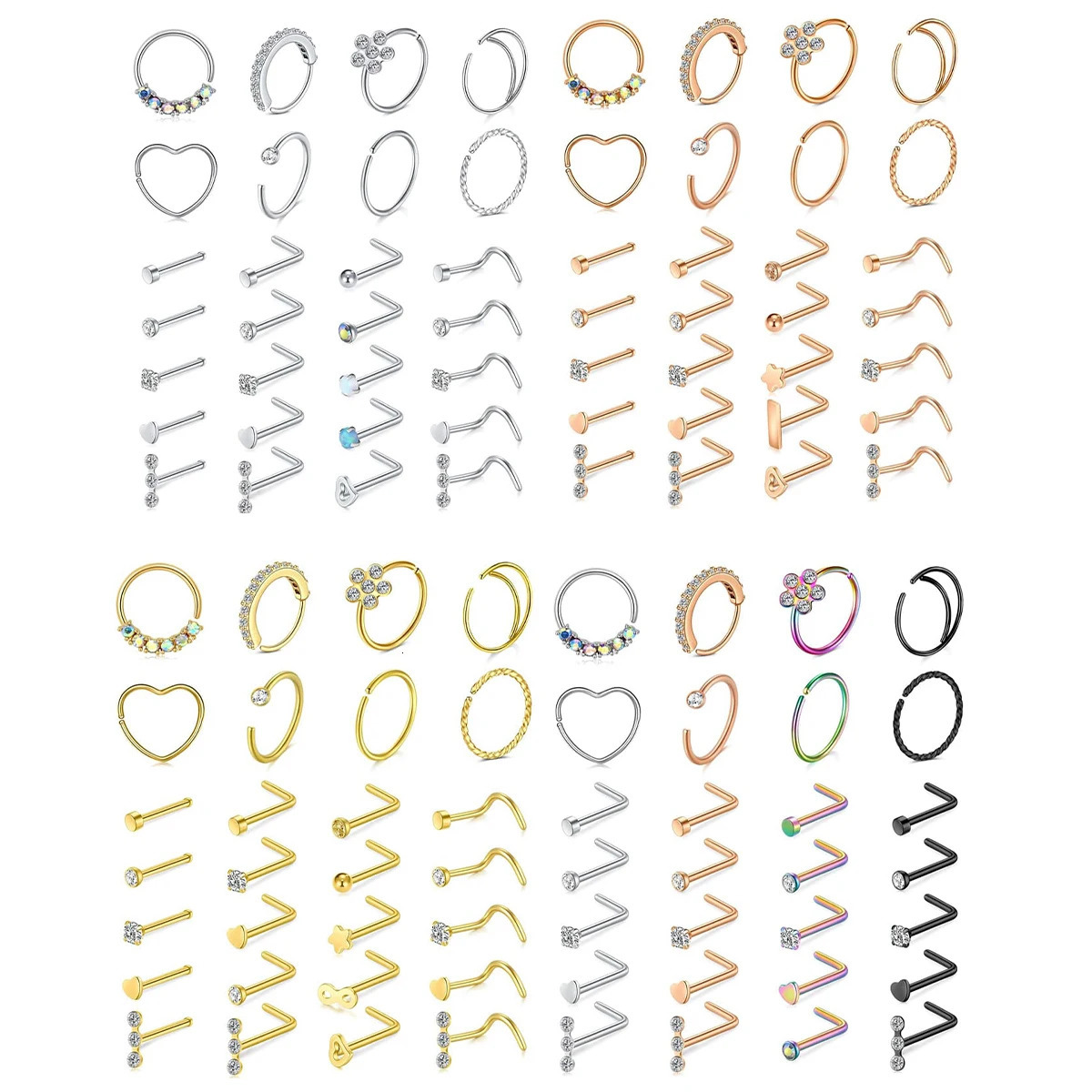 28Pcs/Set 20g Stainless Steel Nose Rings Hoop L Shape Nose Studs Nose Screw Bone Rainbow Pack For Women Men 250103