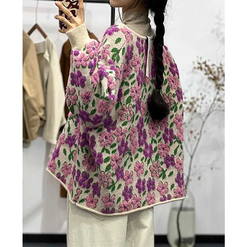 Autumn and winter knitted cardigan wool womens flower sweater knitted jacket round neck single chest knitted loose fit suitable for casual sweaters M2