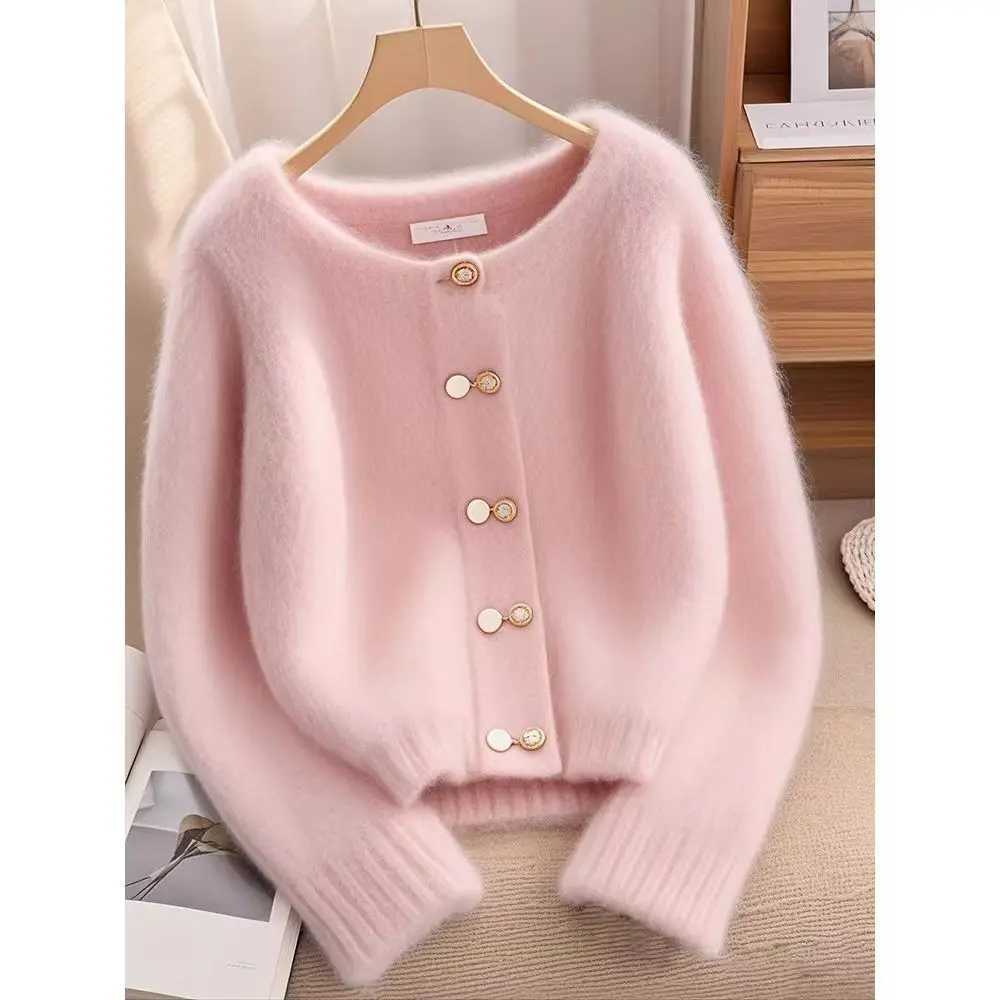 New winter sweater cardigan wool sweater womens fashionable casual pink round neck loose thick warm knit womens sweater womens top M250102