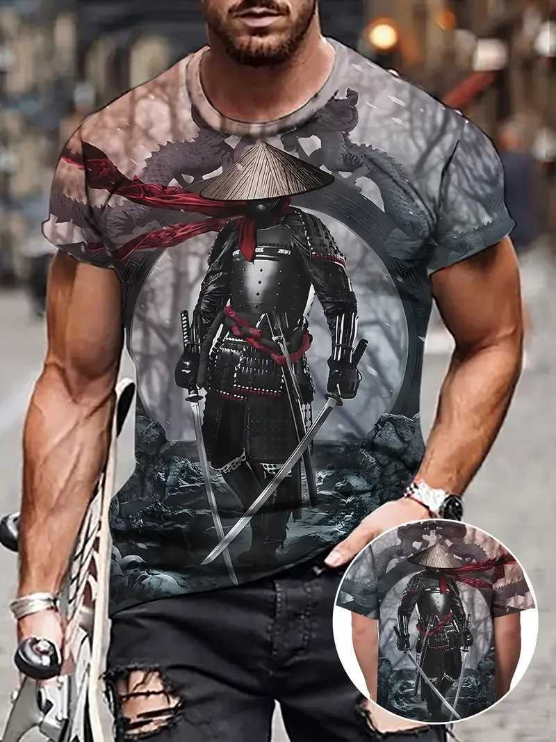 Samurai Mens T-shirt Soldier Print O Neck Short Sleeve Casual Anime Pullover Streetwear Outdoor Male Tee Top Oversized ClothingXJ240102
