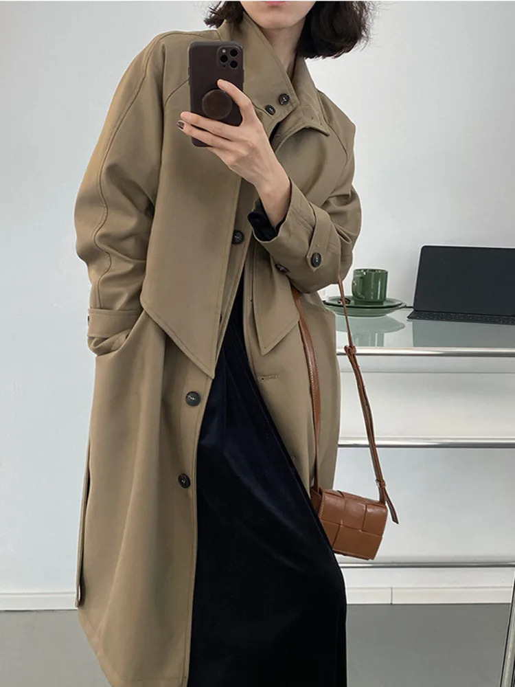 DEAT Fashion Womens Trench Coat Lapel Loose Single Breasted Long Sleev Sashes Back Spliced Windbreaker Autumn 2025 17A599H 241224