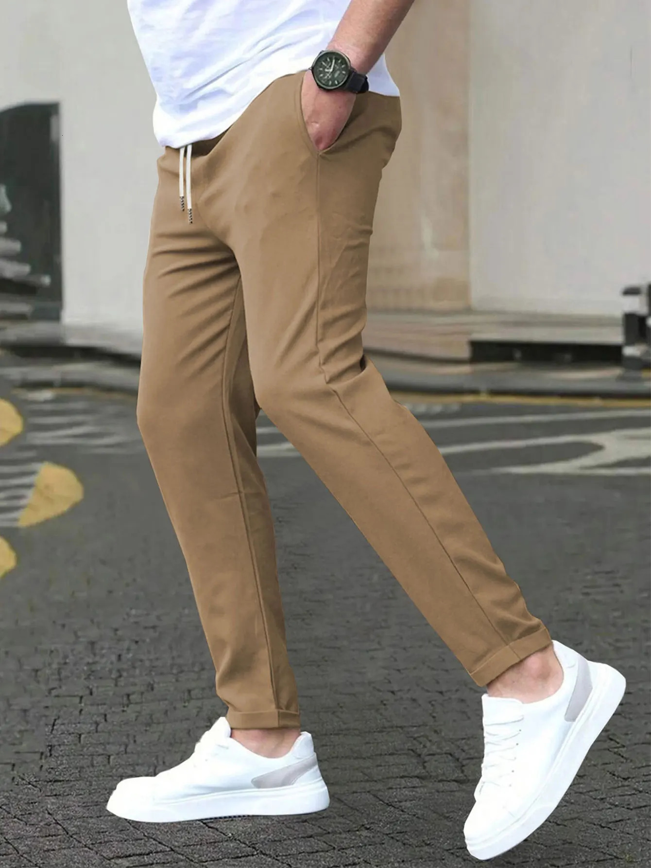 Mens Solid Color Drawstring Waist Trousers Regular Fit Casual Fashion Trousers Drawstring Trousers Pocket Trousers 250103