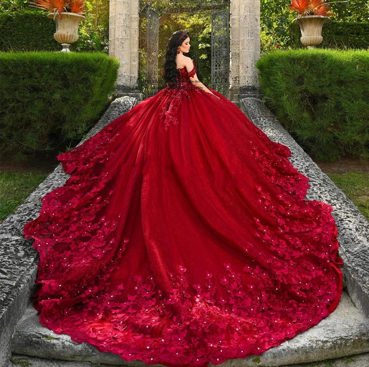 Dark Red Quinceanera Dresses 2025 Off-Shoulder 3D Wers Tulle Corset Ball Birthday Princess Gowns Vestidos De 15 Anos Sweet 16