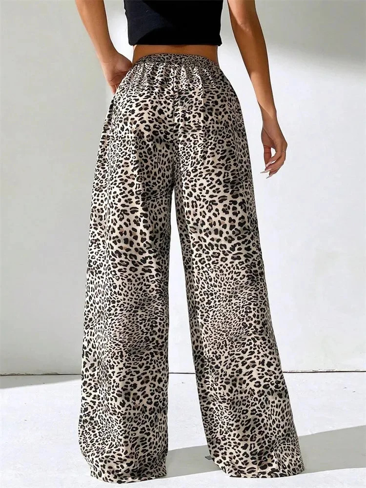 Leopard print wide leg pants womens winter Y2K elastic high waisted floor pants 250102