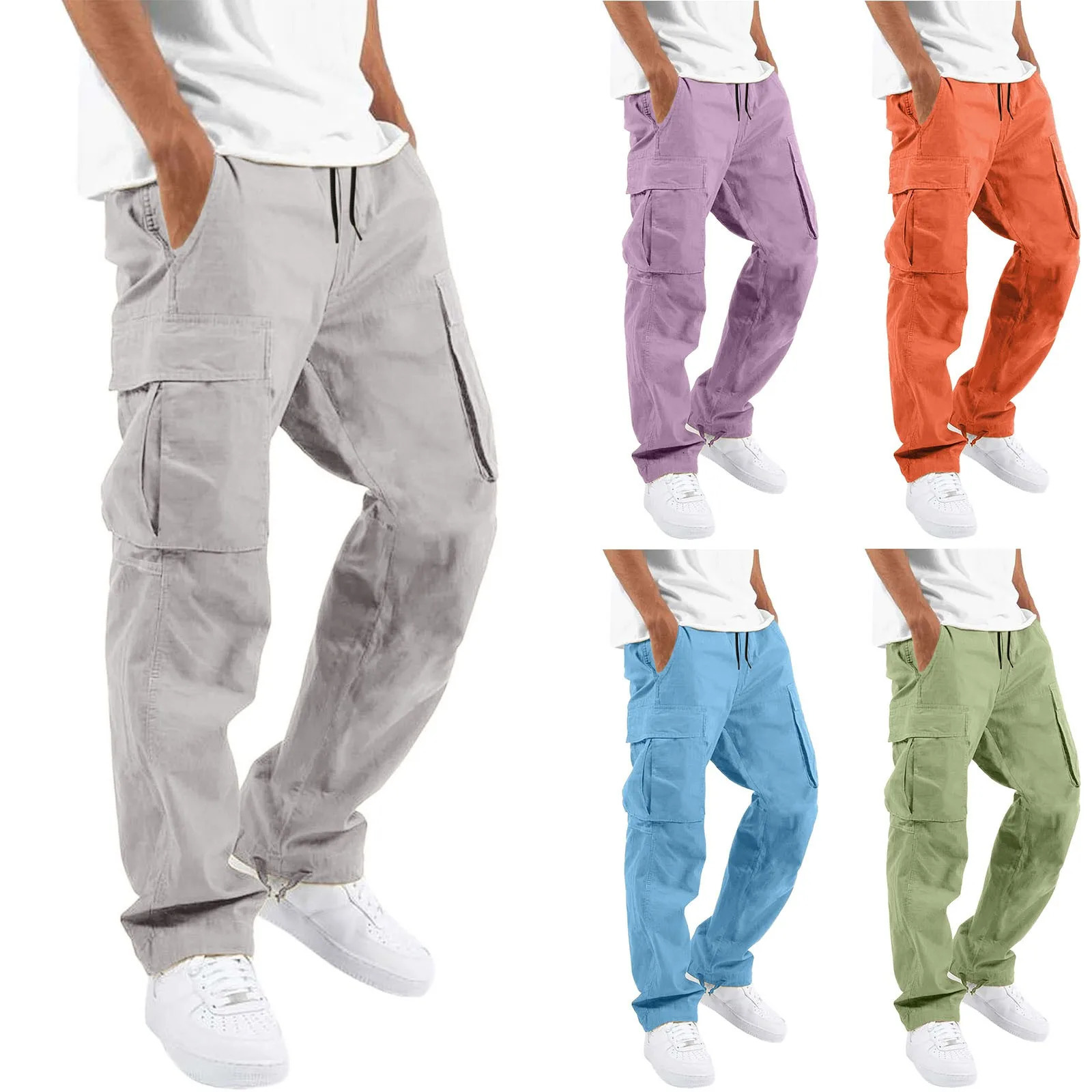Mens Fashion Casual Pants With Pockets Drawstring Elastic Waist Solid Color Multiple Pockets Loose Sports Cargo Pants 250102