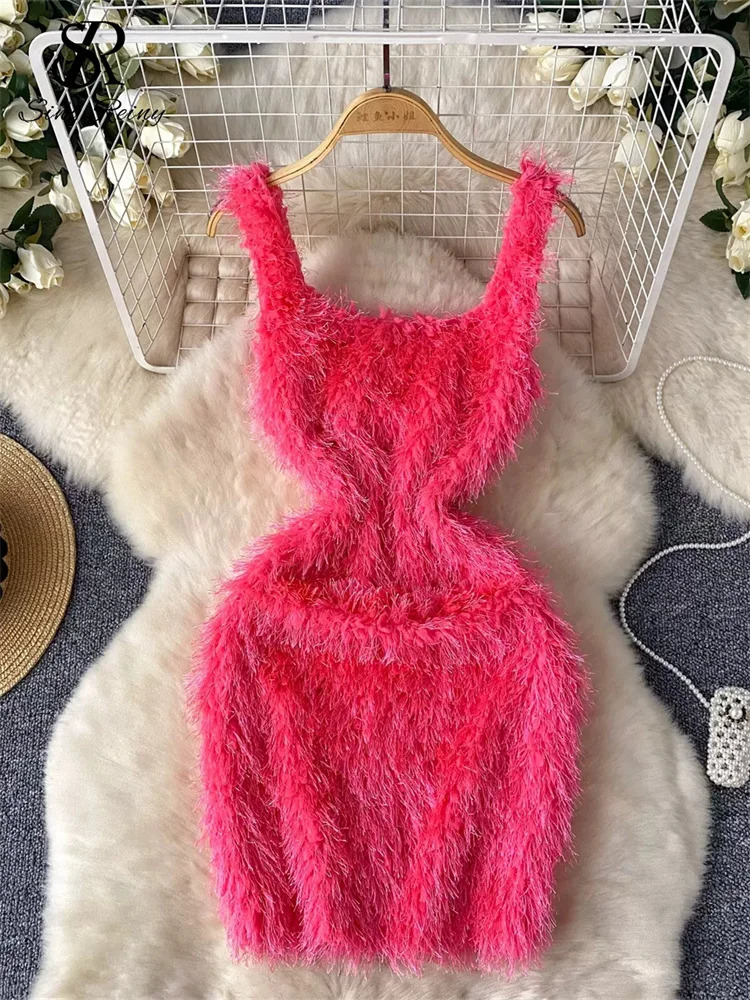 SINGREINY American Sexy Wool Slim Dress Women Spaghetti Strap Square Neck Ins Bodycon Basic High Quality Club Fashion Dress 250102