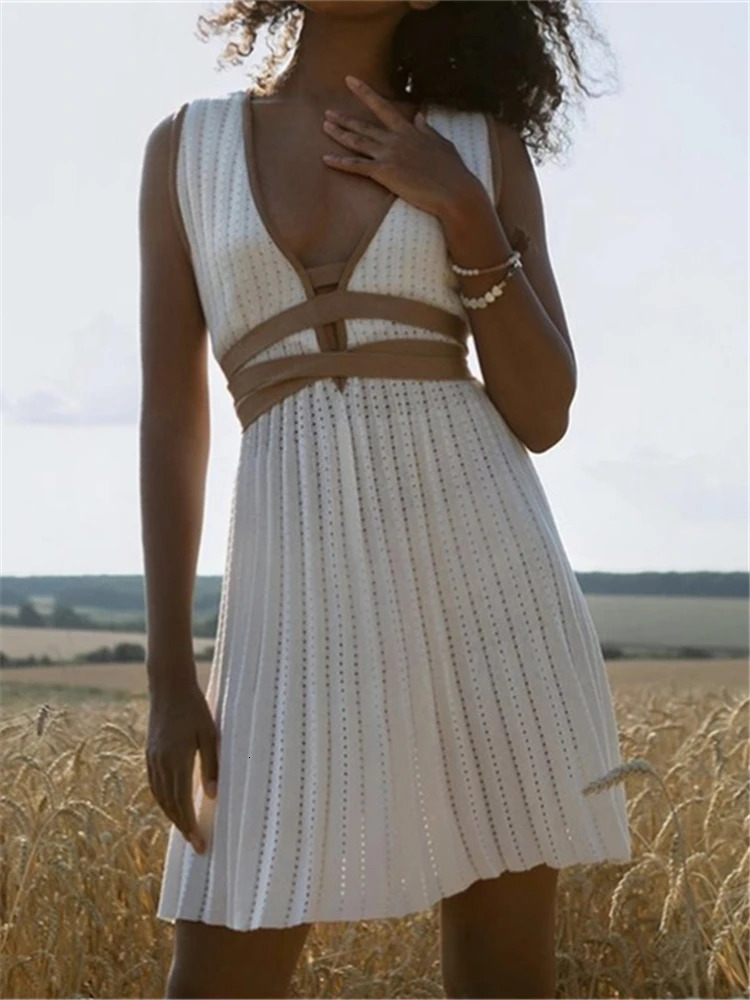 REALEFT Summer Deep V-Neck Knitted Womens Dresses High Waist Lace Up Casual Sleeveless Solid Sexy Mini Dresses Female Ladies 250102