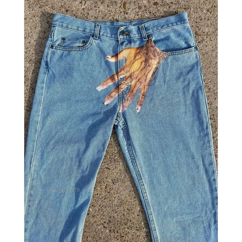 Men's Jeans Hip Hop Hand Print Baggy For Men Vintage Streetwear Slouchy 2000s High Street Y2K Wide Leg Pants Denim Clothing