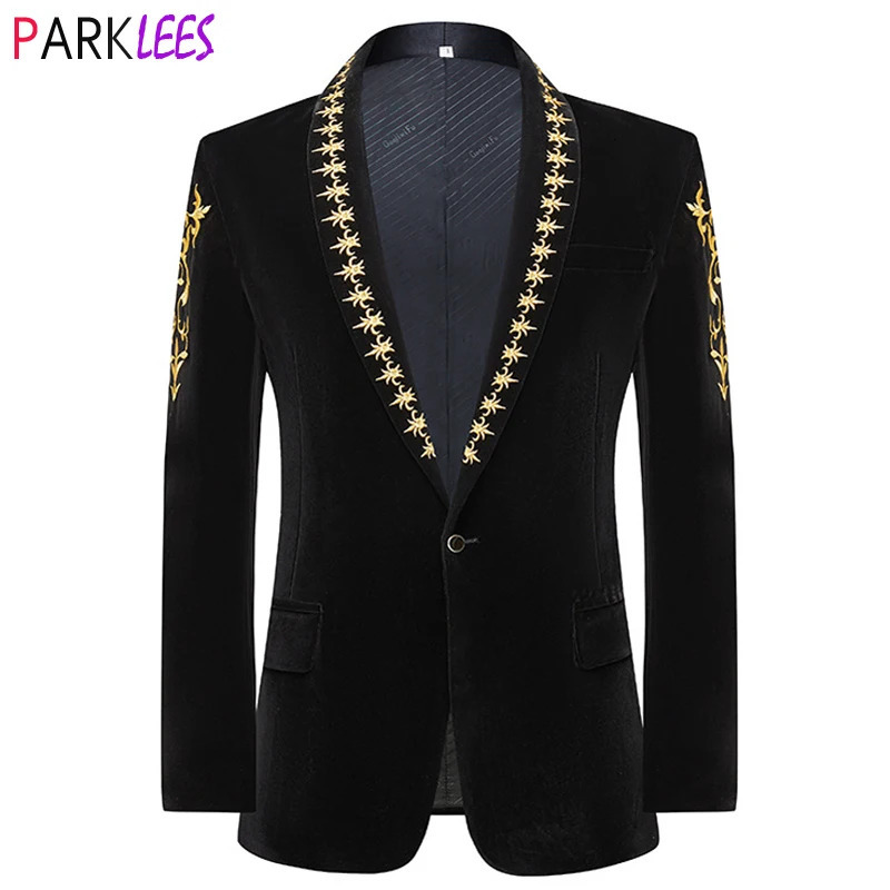Golden Baroque Flower Embroidered Velvet Jacket Mens Shawl Collar Single Button Jacket Wedding Party Evening Dress 250102