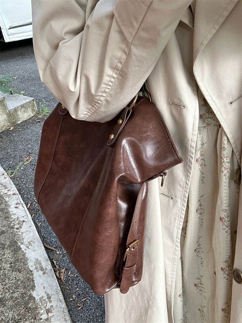 Miyagawa Autumn Winter New Niche Tote Retro Soft Leather Brown Large Capacity Commuting Bag Women Elegant Shoulder Bags