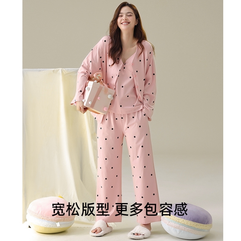Three Piece Set Of Spring And Autumn Sleepwear With Chest Cushion Womens Long Sleeved Pure Cotton Pull-out Home Clothes