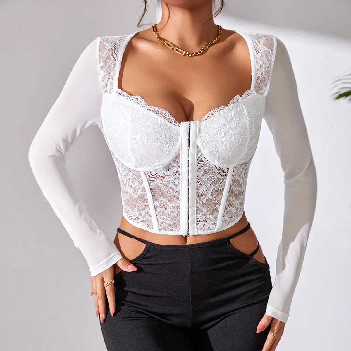 Vemina autumn backless sexy lace long sleeved womens shirt black embroidered floral bare back shoulder tight top 250102
