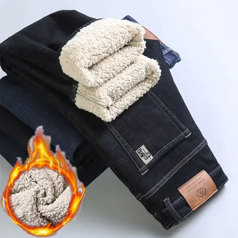 Winter Warm Fleece Jeans Men Straight Stretch Thick Casual Thermal Denim Pants Male Business Work Trousers Men Clothing 241230