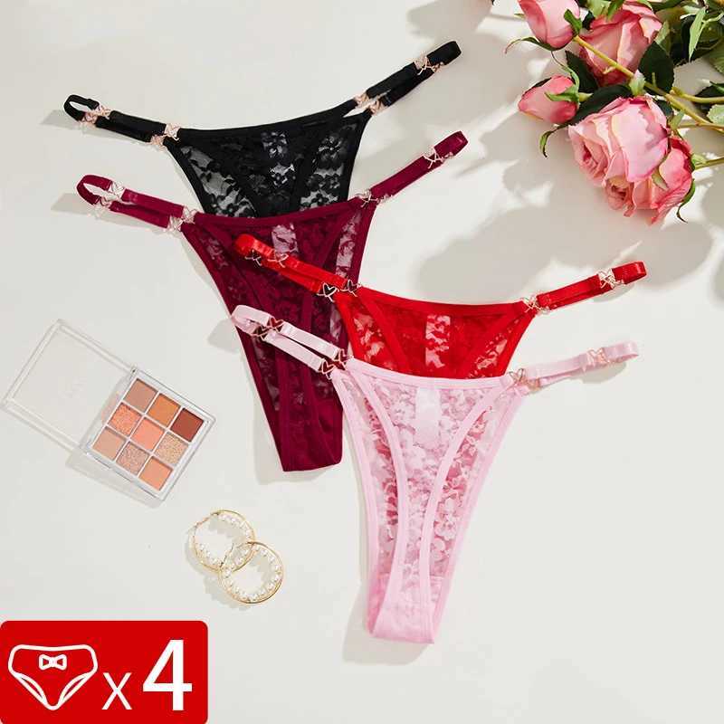 4pcs Floral Lace Panties Low Waist Solid Sexy Women Briefs Comfortable Breathable Intimate Lingerie T-back Female UnderwearXJ250103
