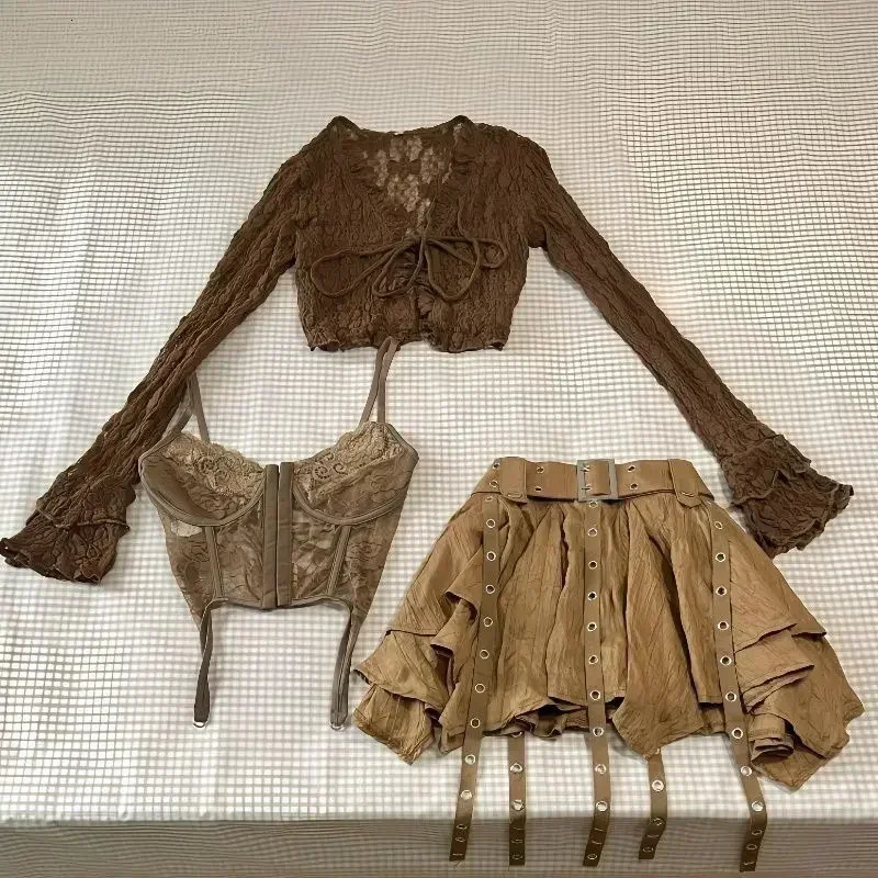 Harajuku Vintage Fashion 3 Piece Set Woman Short Cardigan Slim Vest Y2k E-Girl High Waist Skirt Girls Korean Style Suit 250103