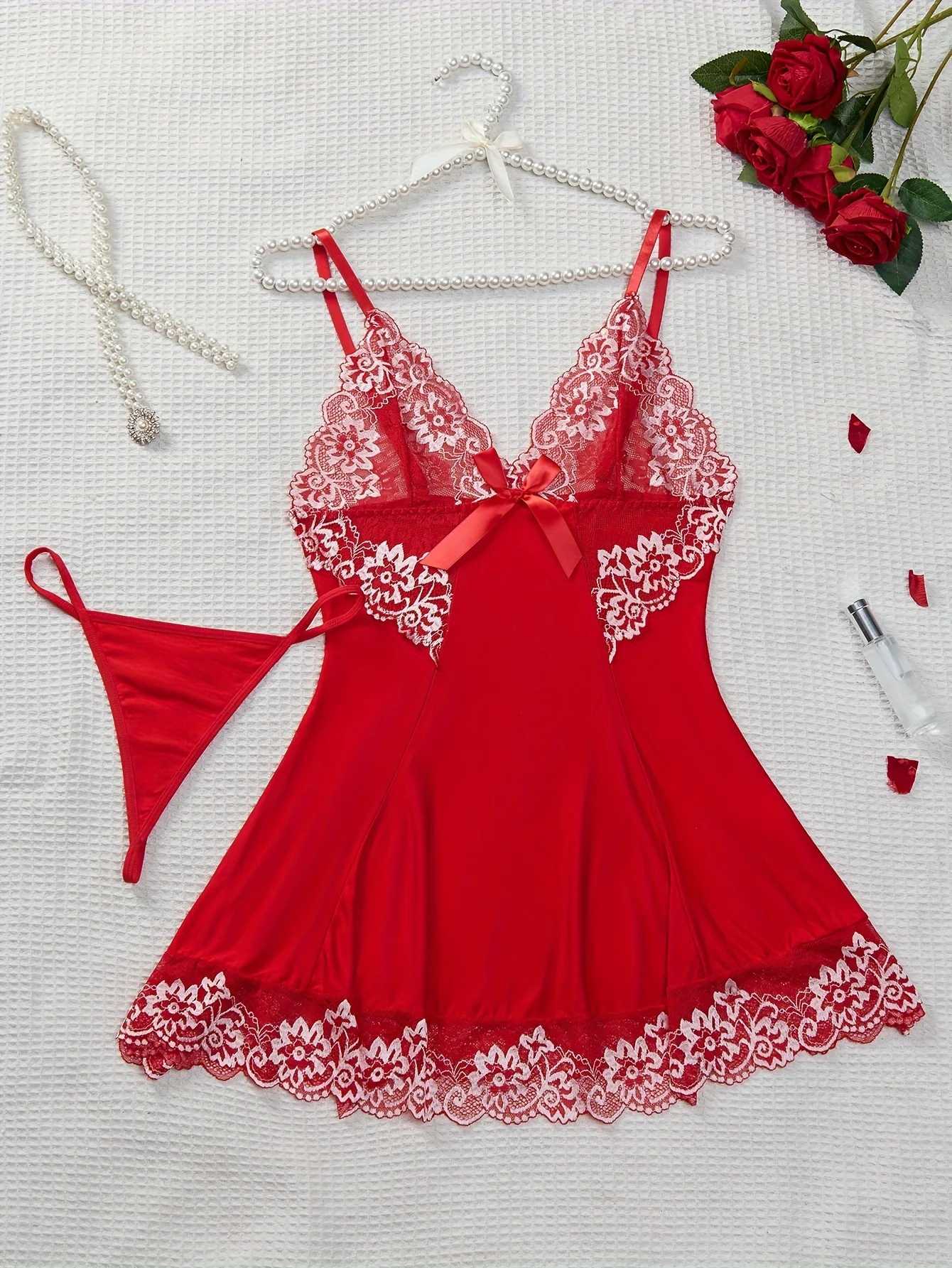 Sexy Womens Slip Fashion Design Evening Dress Lace Splicing Work Comfortable Slip Dress+thong Womens Sexy Sleeveless V-neck Evening Dress W250103