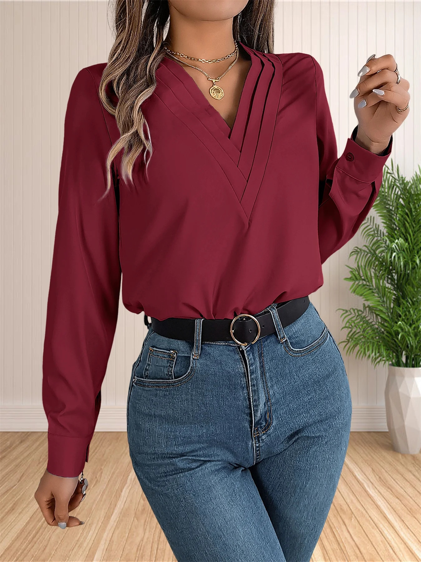 Womens elegant business office shirt layered V-neck long sleeved dress work top 250102