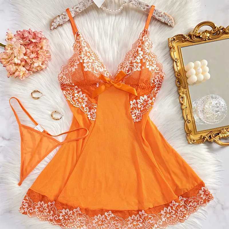 Sexy evening gown womens suspender sleepwear elegant clothing embroidered dress bright color sleepwear set with thong baby doll W250103