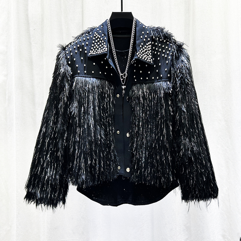 PFHQ Autumn Winter Men Jacket Dia Studded Tassel Plush Light Turn-Down Collar Male Tops Fashion 21Z7554