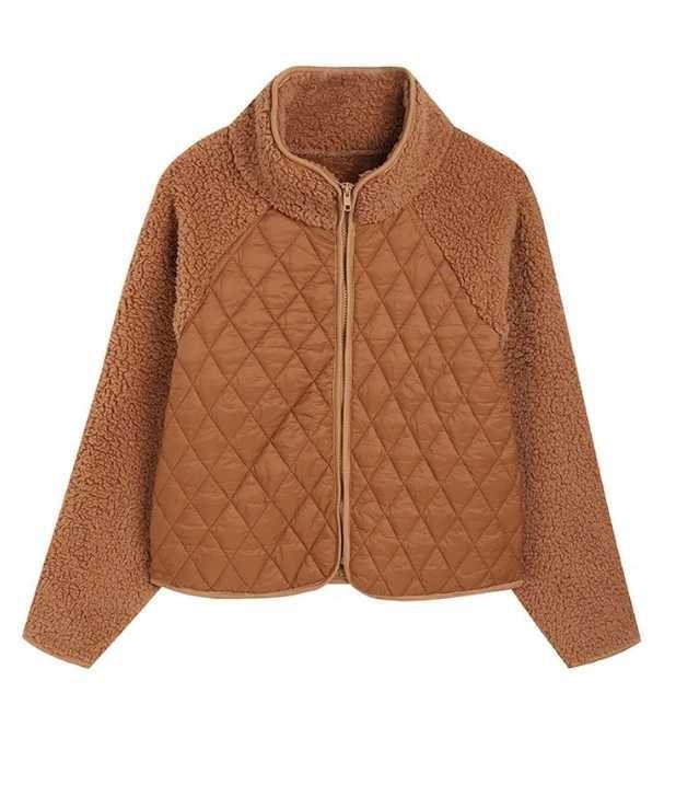 Winter Womens Zipper Design Patch Work Teddy Puff Coat Temperature Womens Clothing Casual Long Sleeve Jacket M250103