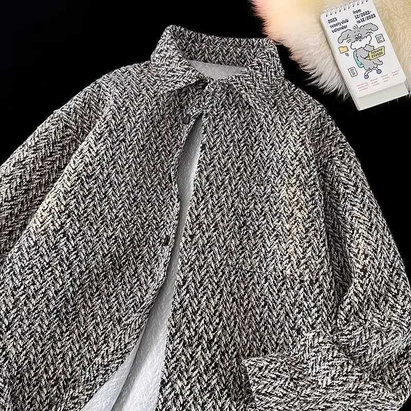 Autumn Vintagetweek Style Checkered Shirt Mens Korean Fashion Loose Fit Knitted Casual Collar Top W250103