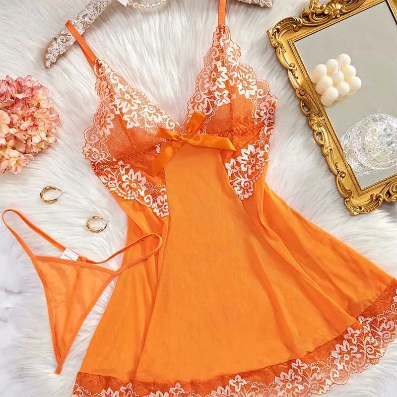 Sexy evening gown womens suspender sleepwear elegant clothing embroidered dress bright color sleepwear set with thong baby doll W250103